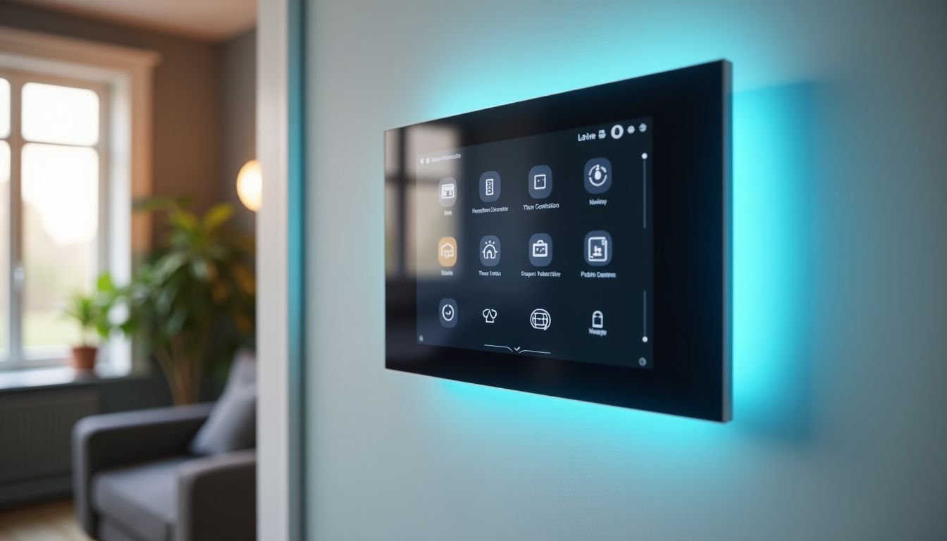 A modern smart home control panel with futuristic lighting, highlighting technology in homes in 2025.