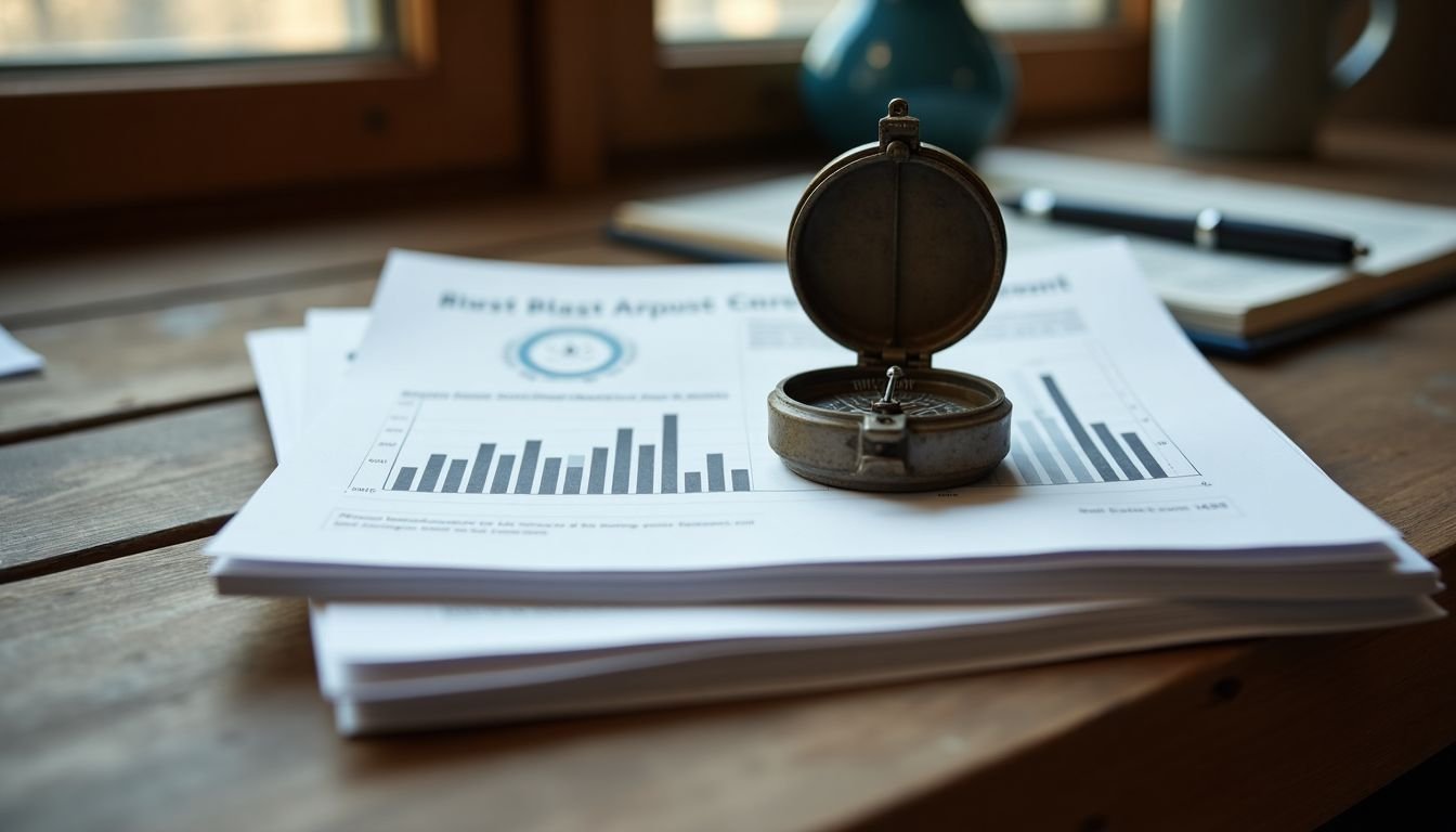 An old compass sits on a wooden desk next to a stack of real estate market analysis reports.