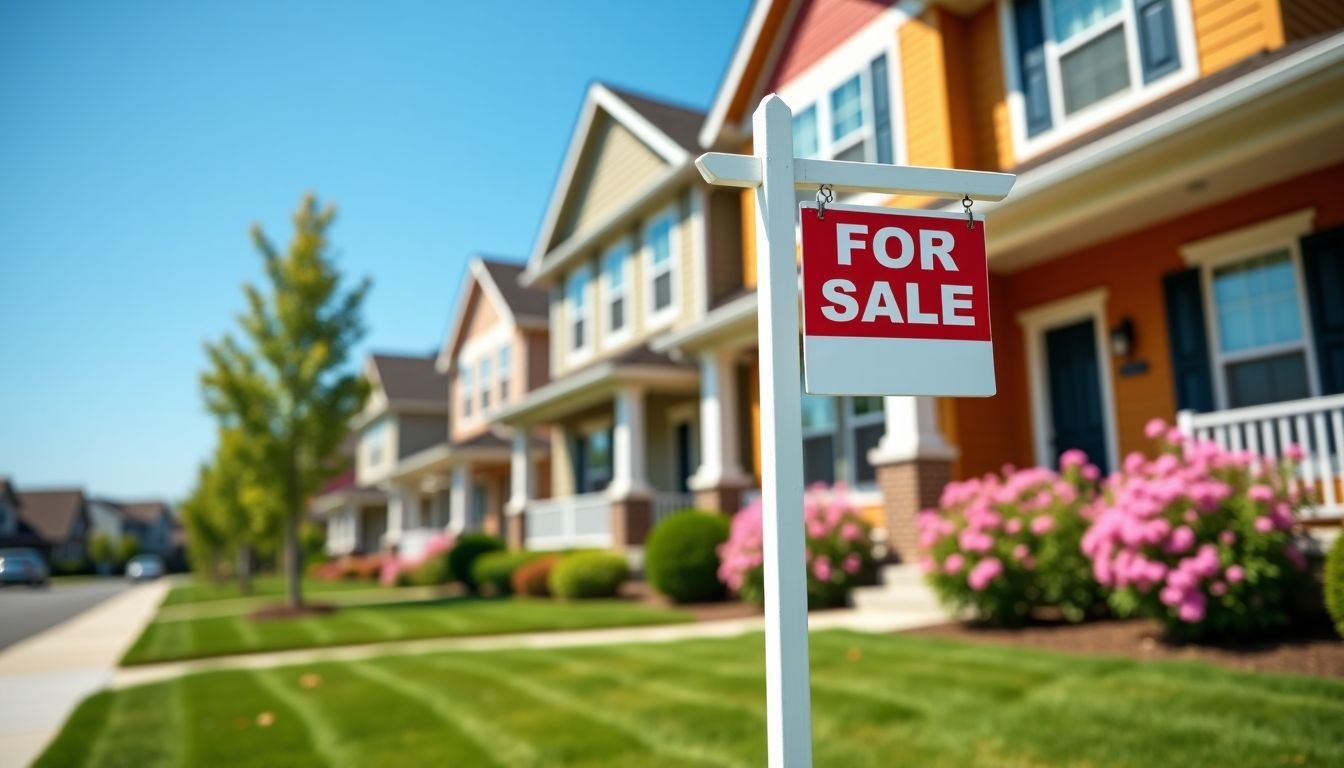 A 'For Sale' sign stands in front of a colorful house in a lively suburban neighborhood in 2025.