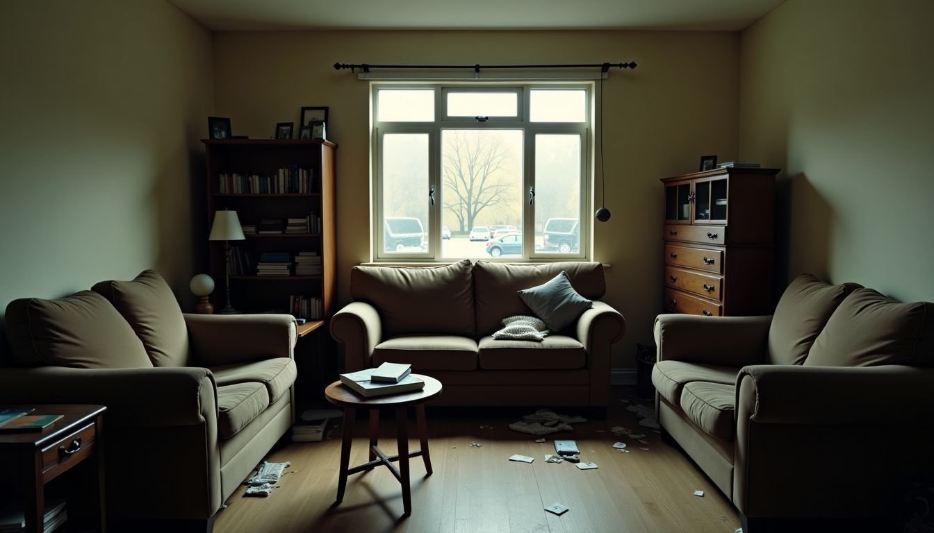 A cluttered living room with old furniture reflects challenges of housing choices in 2025.