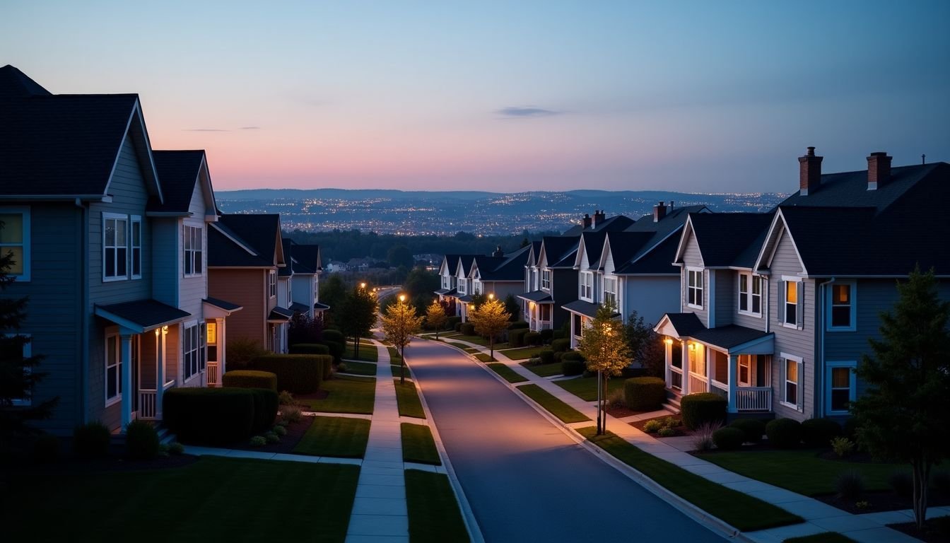 A suburban neighborhood at dusk with a mix of traditional homes and modern townhouses reflects a stable housing market for 2025.