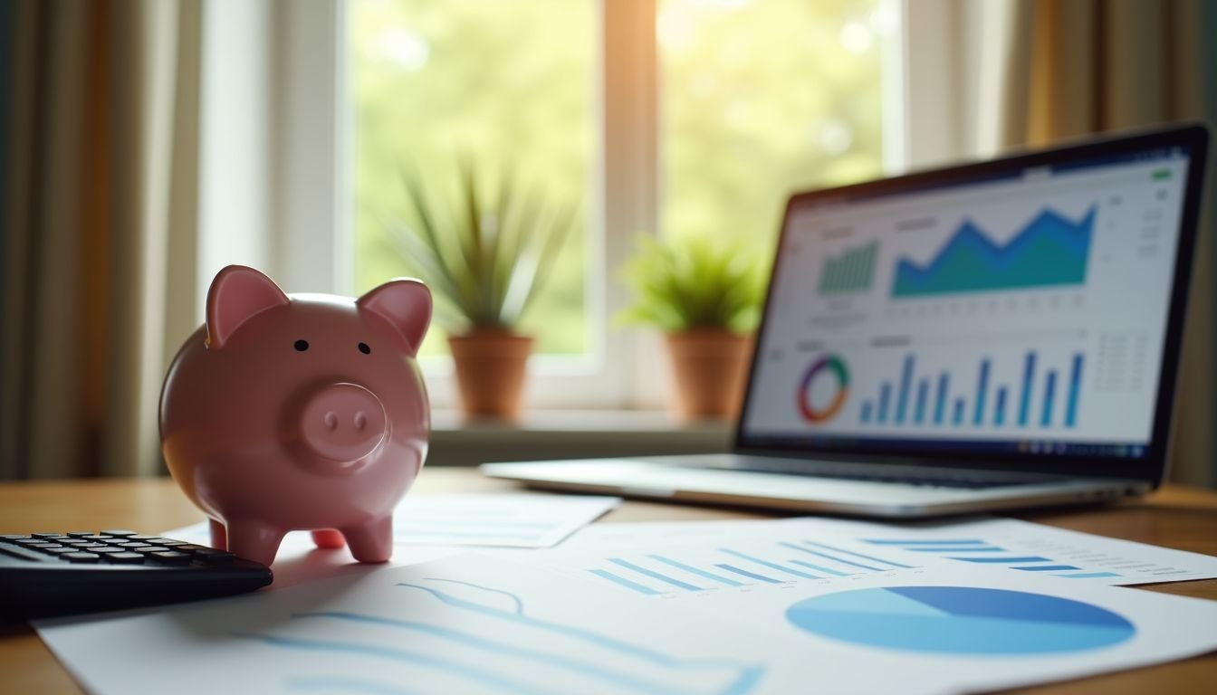 The image shows a piggy bank, financial tools, and real estate market data in a cozy home office.