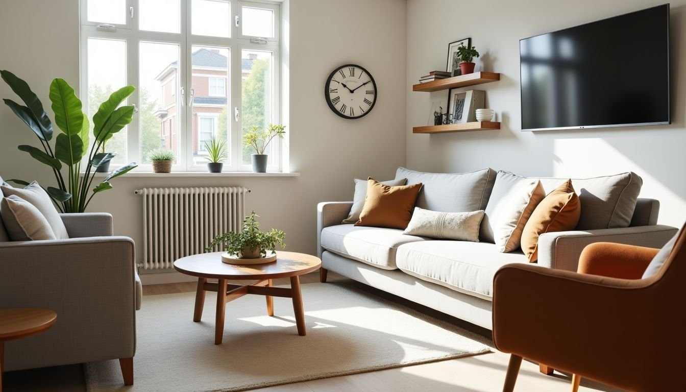 A tidy and well-organized modern living room with stylish furniture and decor, creating an inviting atmosphere for potential home buyers.