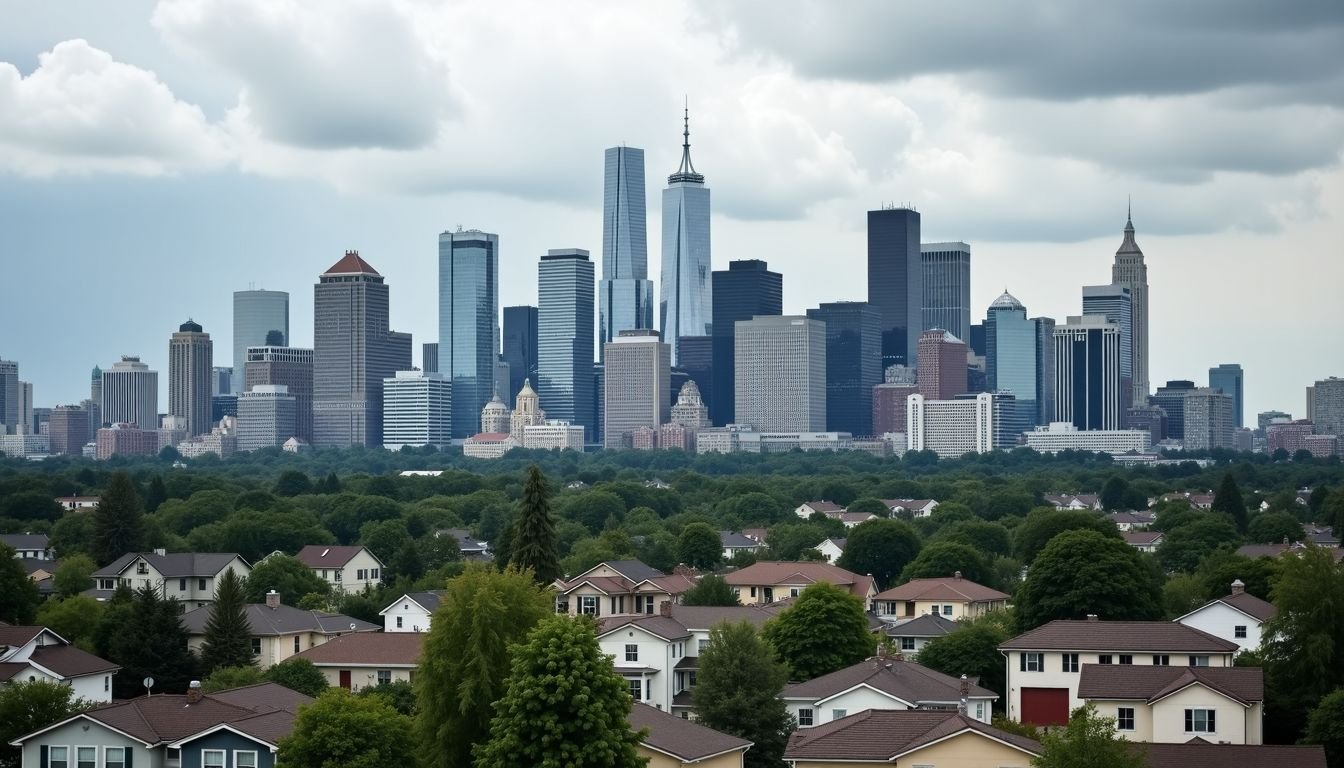 A city skyline with a mix of modern high-rise buildings and traditional suburban homes reflects real estate trends for 2025.