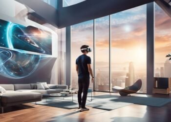 A person wearing a VR headset stands in their dream home’s modern living room with large windows, overlooking a cityscape. An AI hack projects a digital space-themed display on the wall, creating an immersive experience.