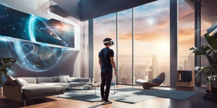 A person wearing a VR headset stands in their dream home’s modern living room with large windows, overlooking a cityscape. An AI hack projects a digital space-themed display on the wall, creating an immersive experience.