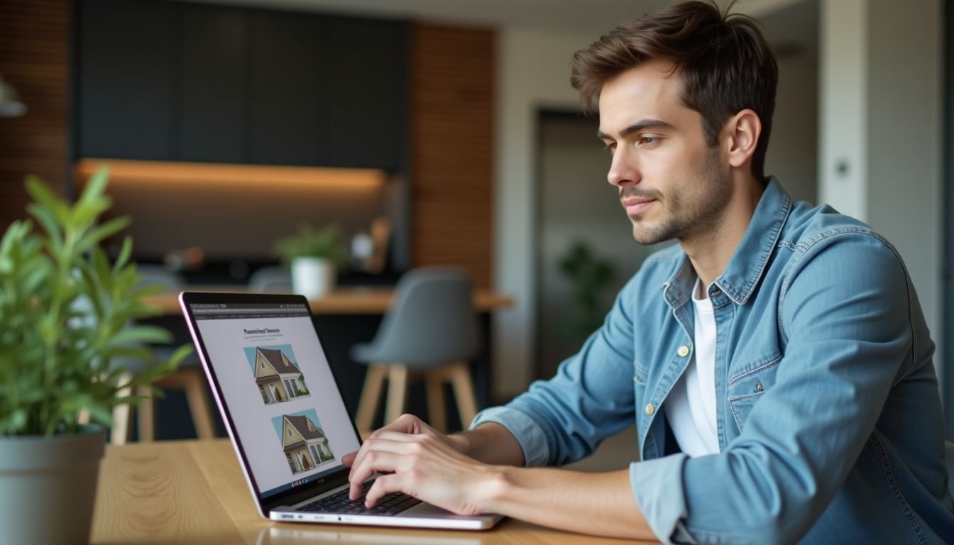 A person is analyzing housing market trends with a laptop at home.