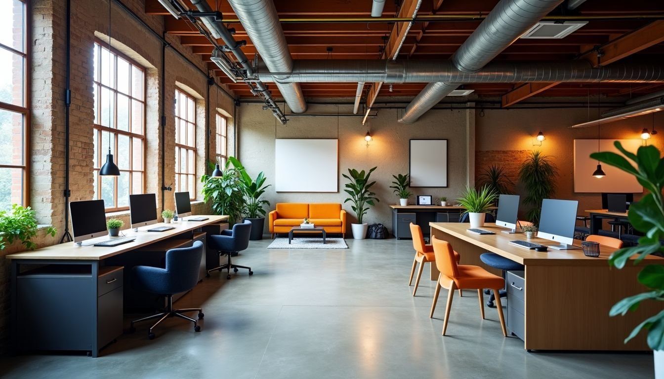 An abandoned warehouse transformed into a modern coworking space with high-tech gadgets and a vibrant, collaborative atmosphere.