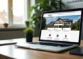 A laptop on a table displaying a real estate website with a house image and profile pictures of realtors. A window in the background shows lush plants outside, setting a serene scene for generating leads.