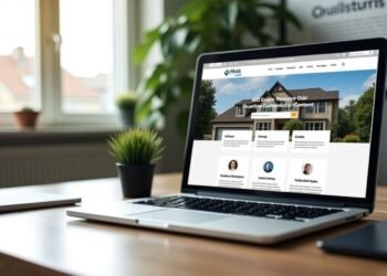 A laptop on a table displaying a real estate website with a house image and profile pictures of realtors. A window in the background shows lush plants outside, setting a serene scene for generating leads.