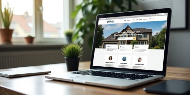 A laptop on a table displaying a real estate website with a house image and profile pictures of realtors. A window in the background shows lush plants outside, setting a serene scene for generating leads.