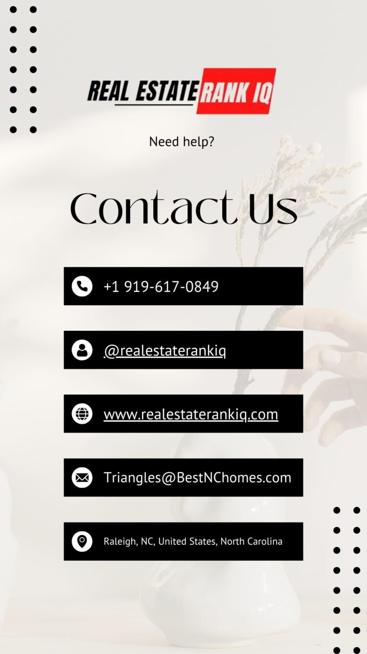Discover the contact information for Real Estate Rank IQ to enhance your real estate strategy with insights on market trends. Reach us via phone, social media, our website, email, or visit us in Raleigh, NC.