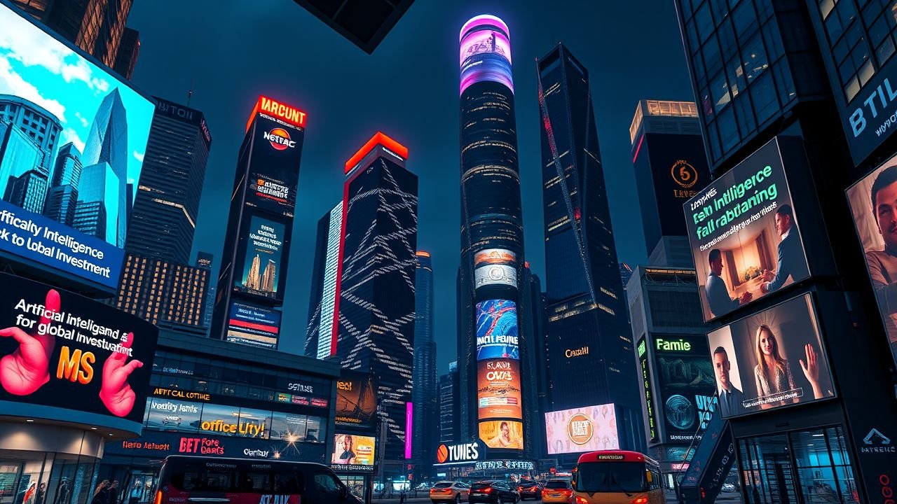 A futuristic city skyline with vibrant neon lights and digital billboards showcasing technology-driven urban development.