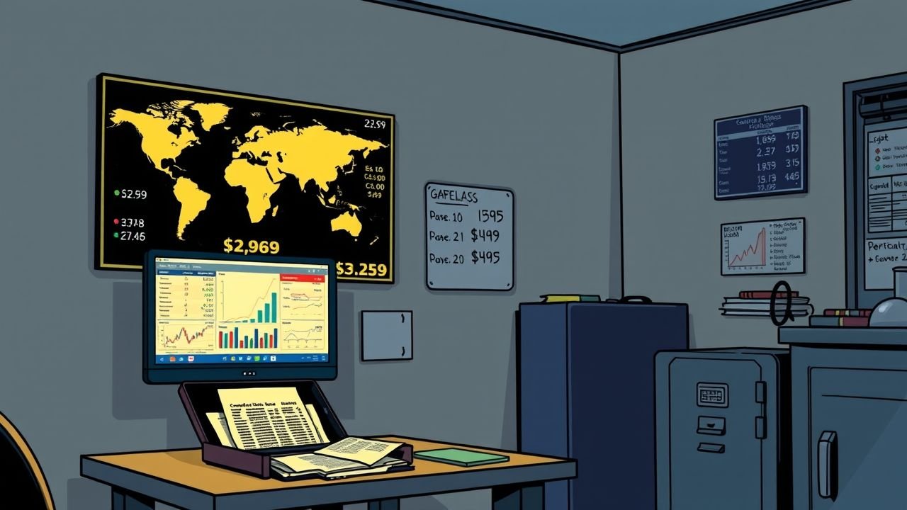 A covert financial operations room with a world map, currency exchange rates, and confidential documents.