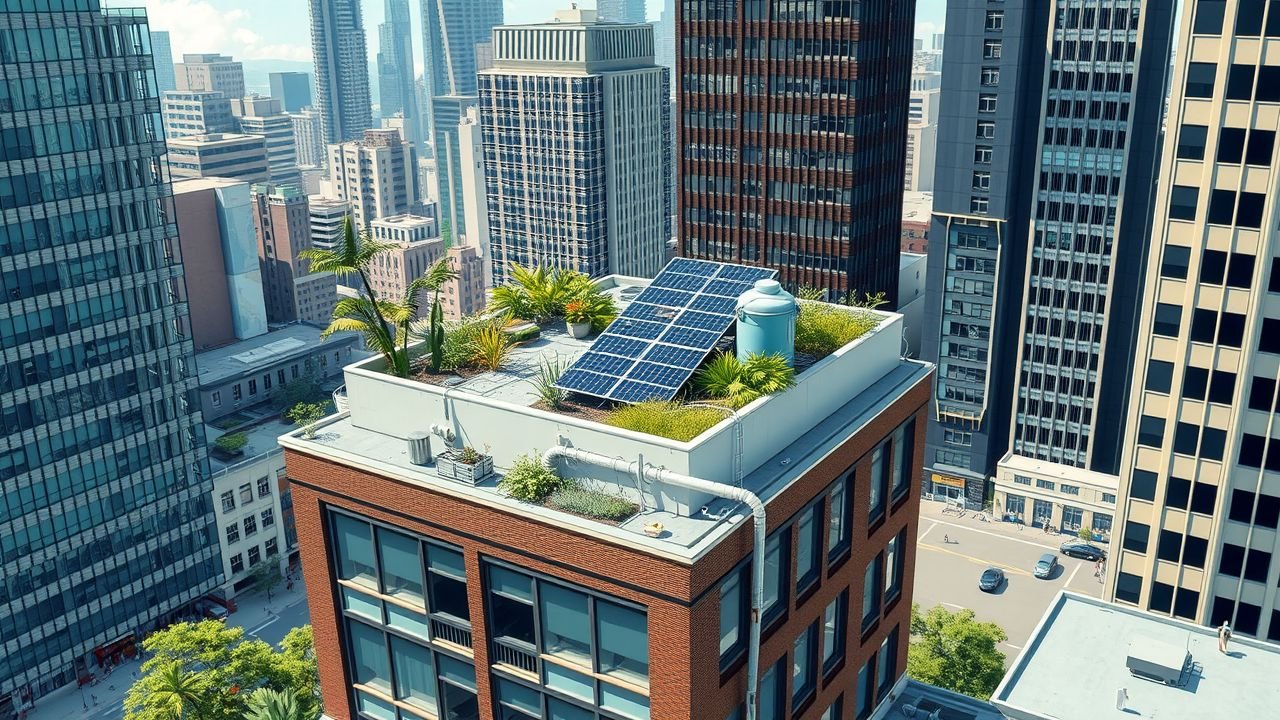 A rooftop garden in a bustling urban area integrates nature and technology for environmental progress.