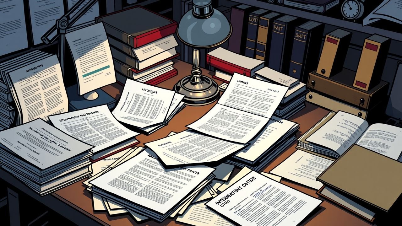 A cluttered desk with international real estate documents, legal books, and regulatory guides.