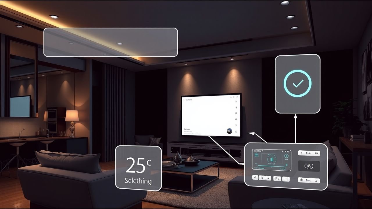 The image depicts a modern smart home automation system in an upscale living room.