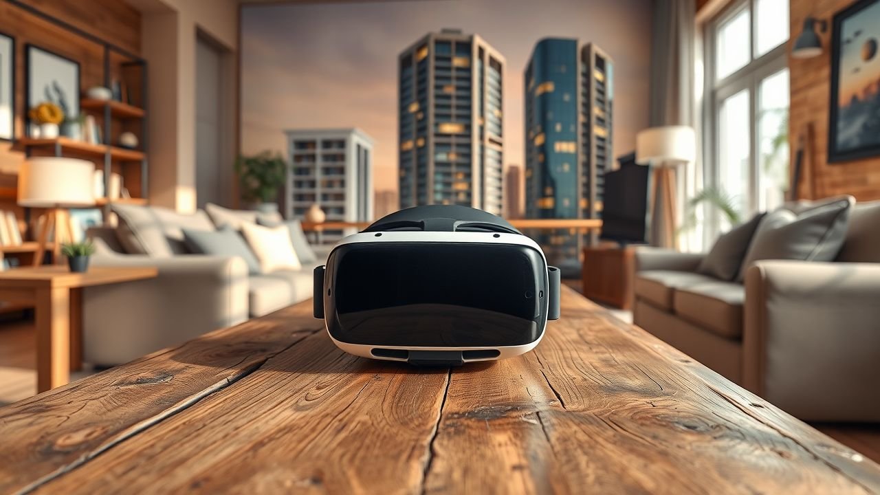 The image shows a virtual reality headset on a table in a cozy living room.