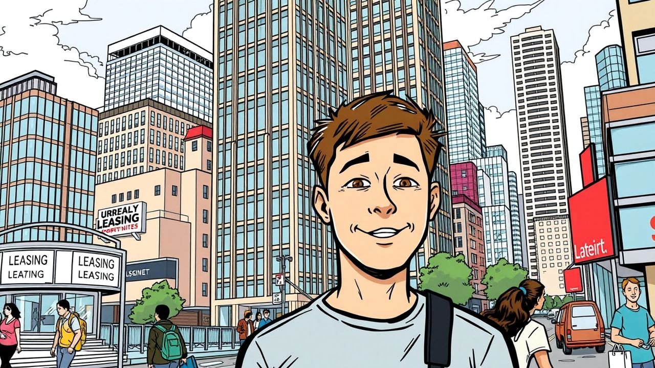 A comic book style image of a bustling city skyline with opportunities in commercial real estate.