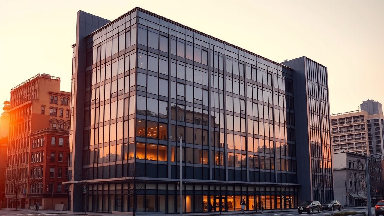 A modern office building in an urban area at sunset, suggesting investment opportunities in commercial real estate.