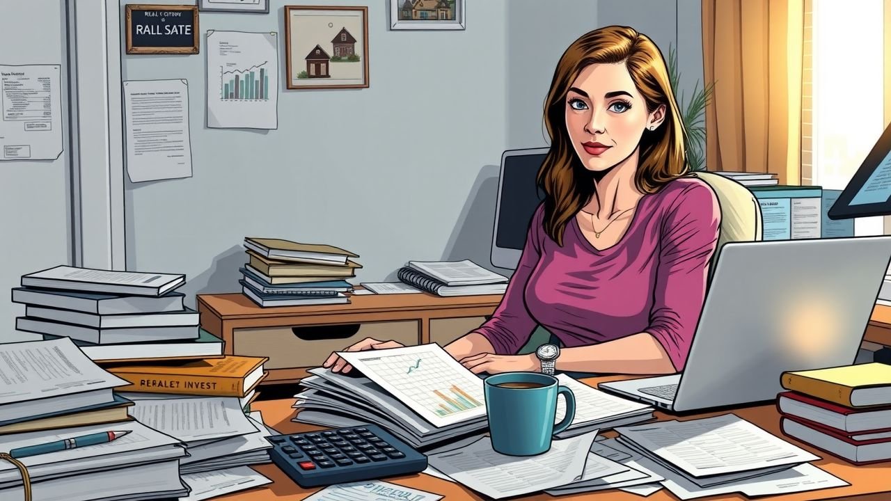 A woman in her 30s sits at a cluttered desk in a home office, surrounded by real estate and financial documents.