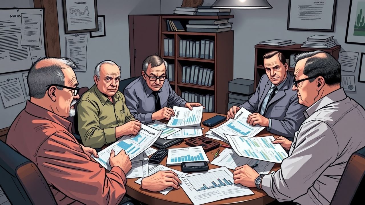 A group of middle-aged investors reviewing property valuation reports in a cluttered office.