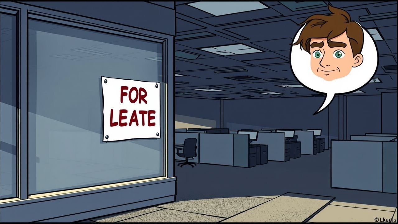 A comic book style image of a vacant office space with a 'For Lease' sign.