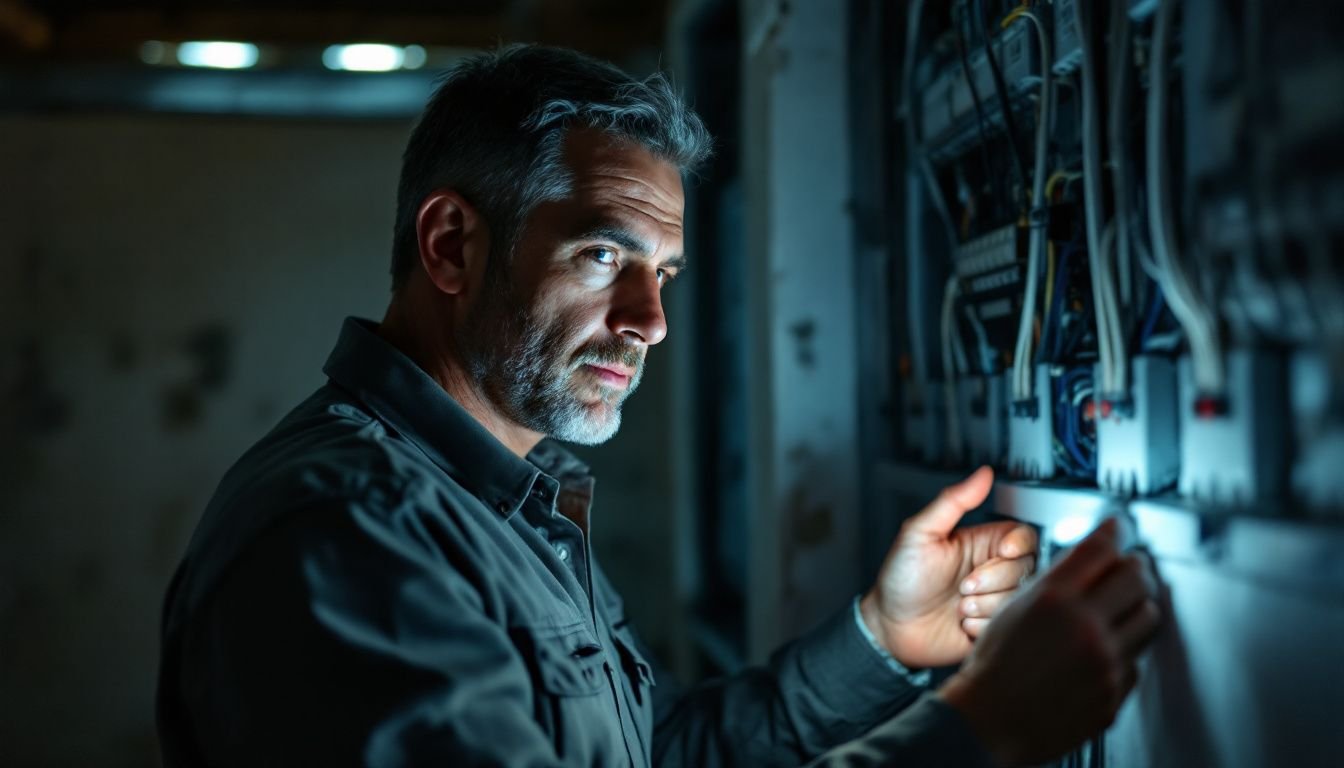 A professional home inspector examines an electrical panel in a dimly lit basement with a flashlight.