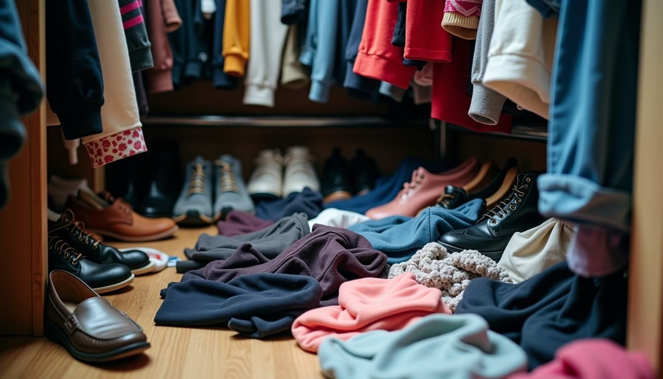 The cluttered closet is filled with clothes, shoes, and accessories spilling onto the floor.