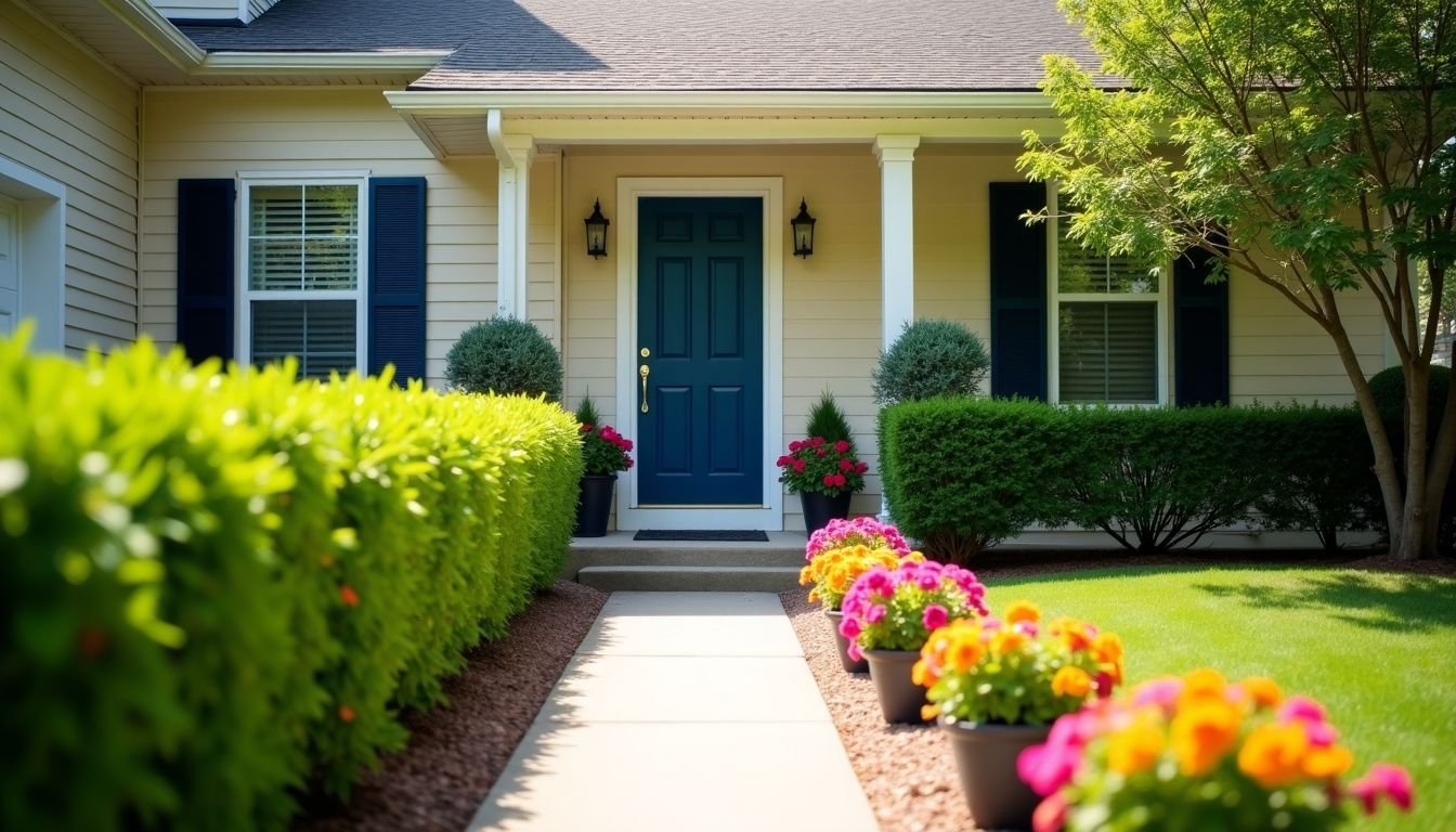 A well-maintained suburban home with neatly trimmed hedges and colorful flowers in the front yard.