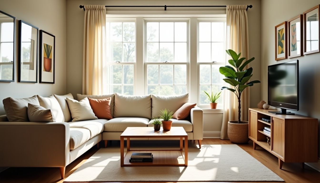 A bright and inviting living room with large windows, mirrors, and a casual atmosphere.