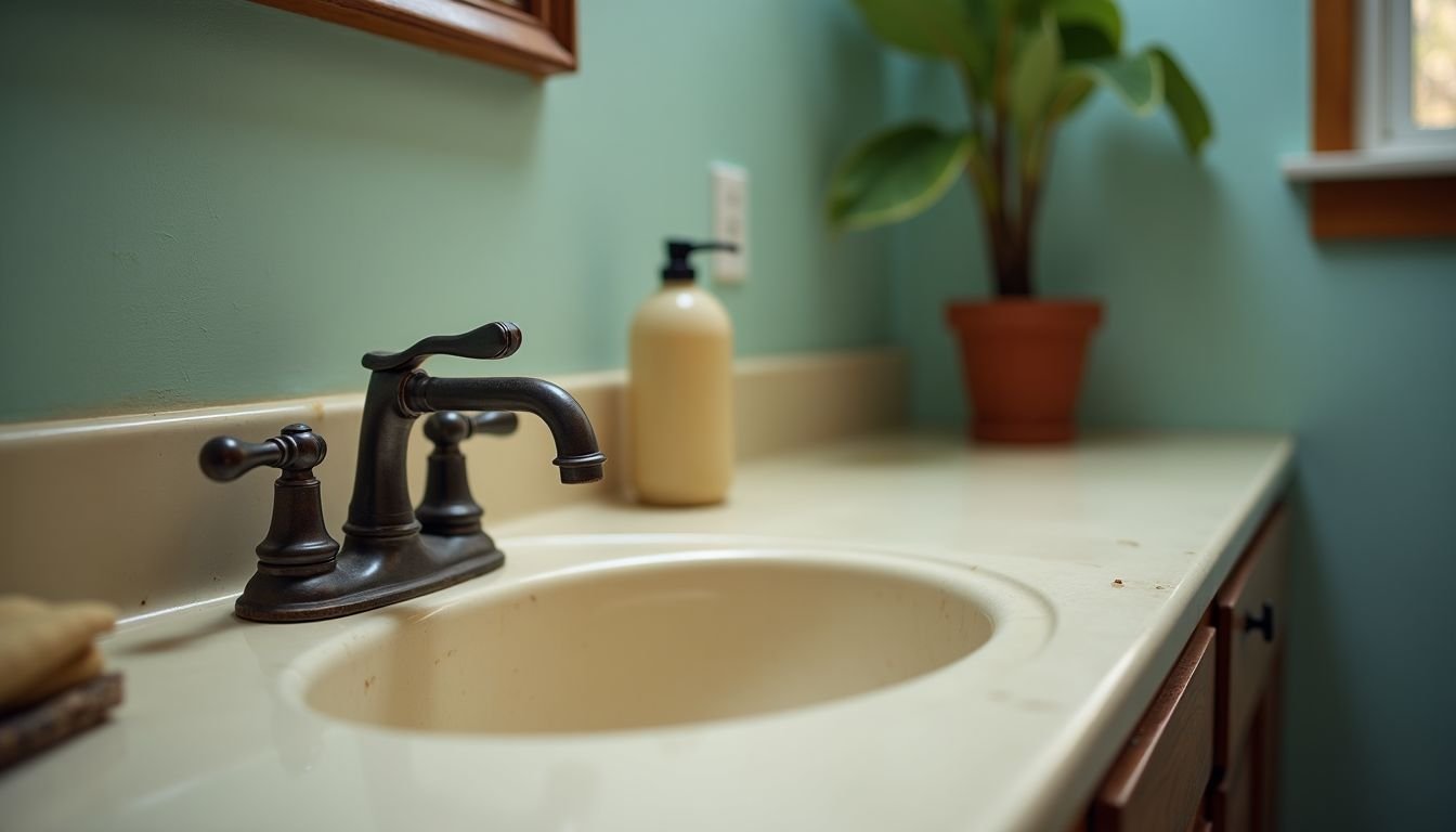 A worn-out bathroom with a recently repaired faucet and modern lighting fixtures.