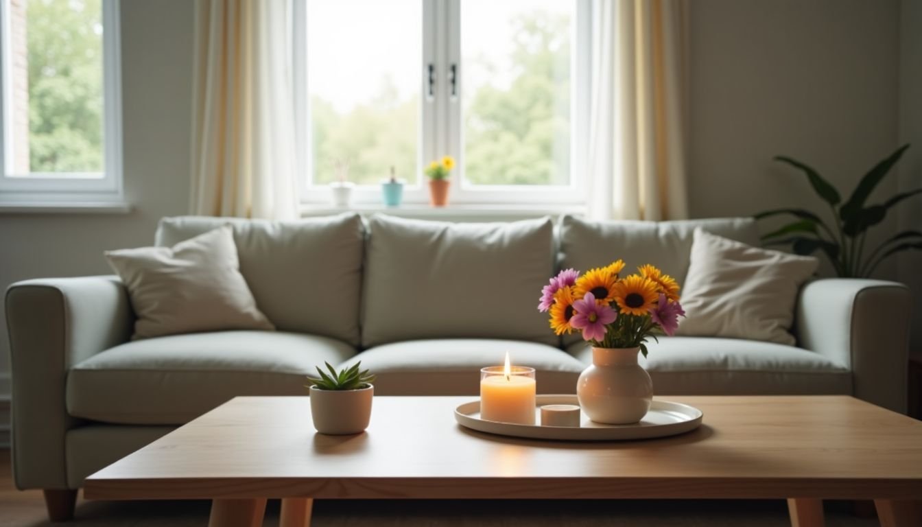 A clean and tidy living room with natural light, fresh flowers, and a scented candle.