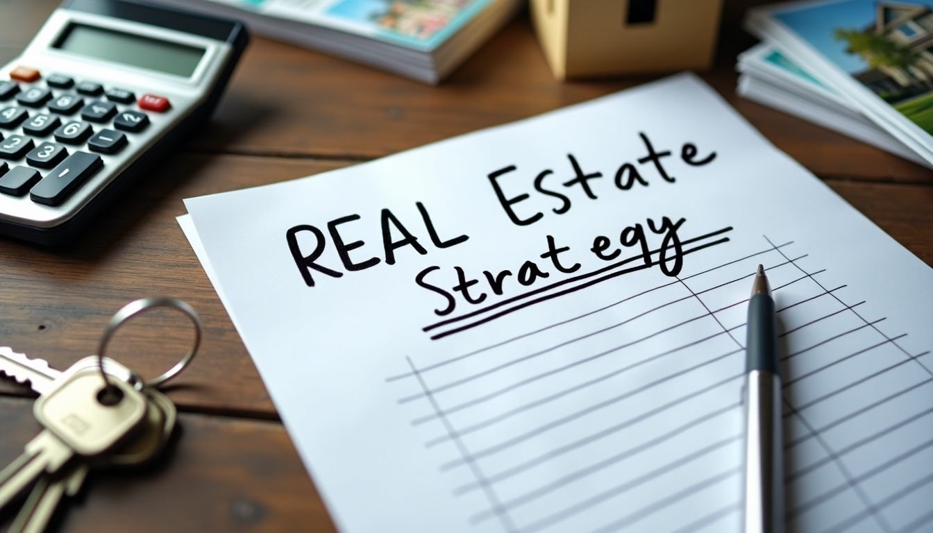 A real estate pricing strategy plan on a wooden desk with property brochures and a calculator.