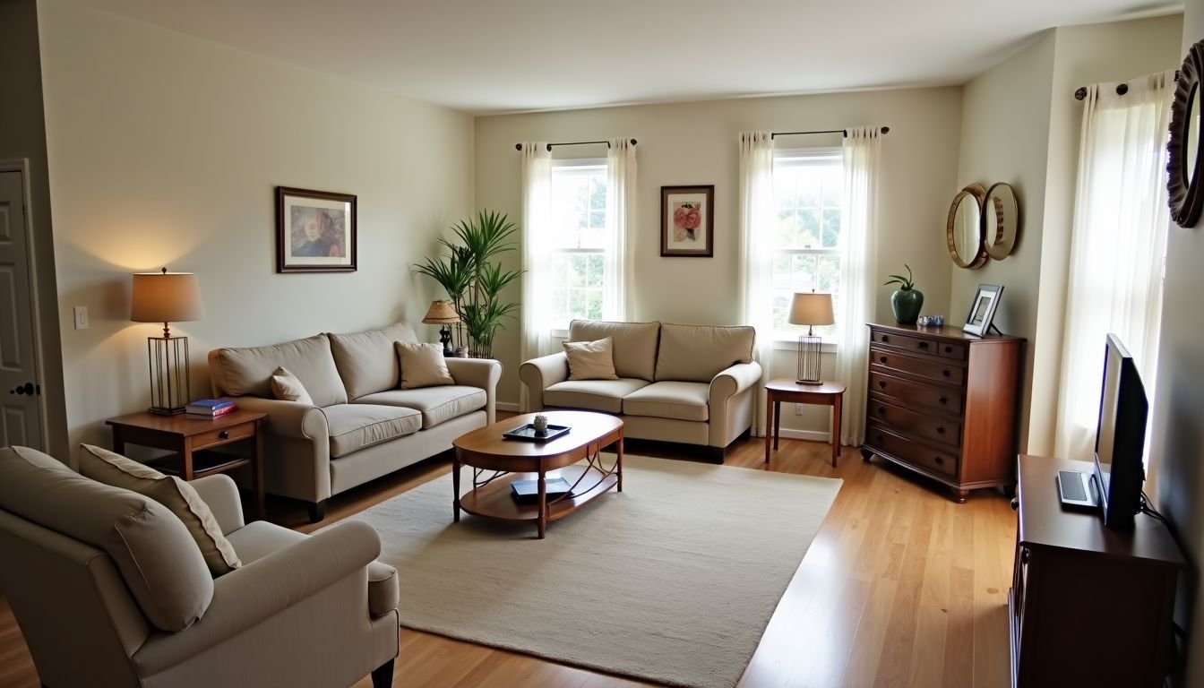 The image shows a neutrally decorated, open living room with rearranged furniture creating an inviting space.