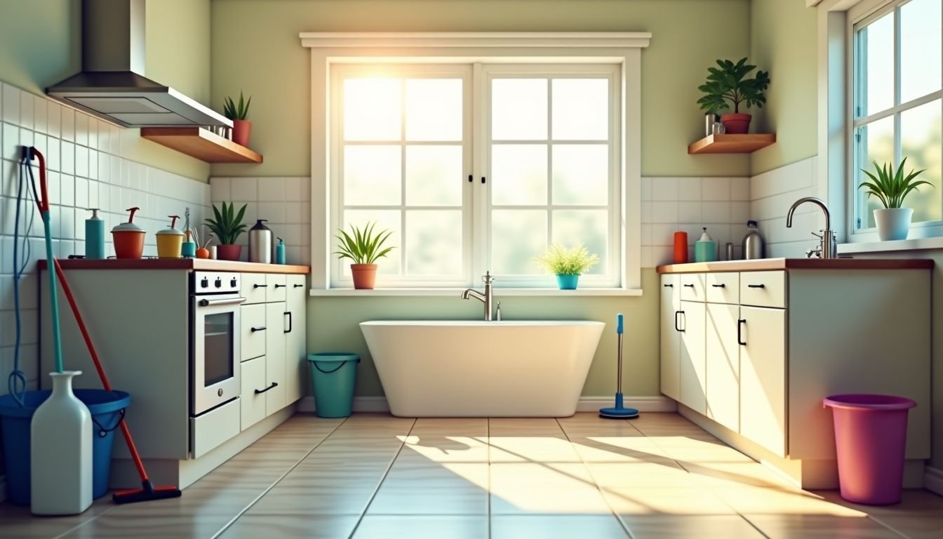 A neatly organized kitchen and bathroom with cleaning supplies and natural sunlight.