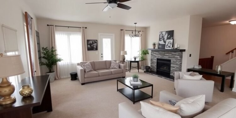 A modern living room features beige sofas, a dark coffee table, and a stone fireplace. A ceiling fan and framed art decorate the space, with large windows letting in natural light.