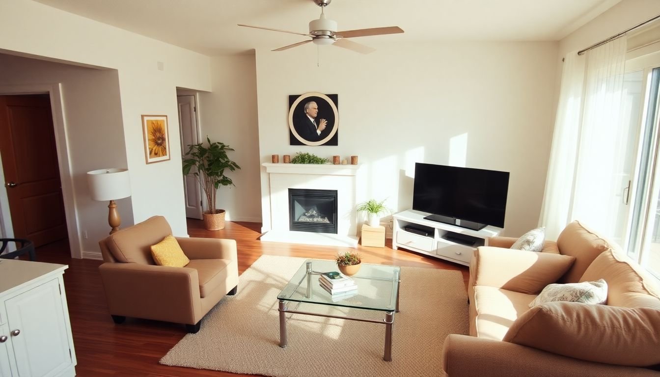 A tidy, spacious living room with minimal decor and furniture, creating an inviting atmosphere for potential buyers.