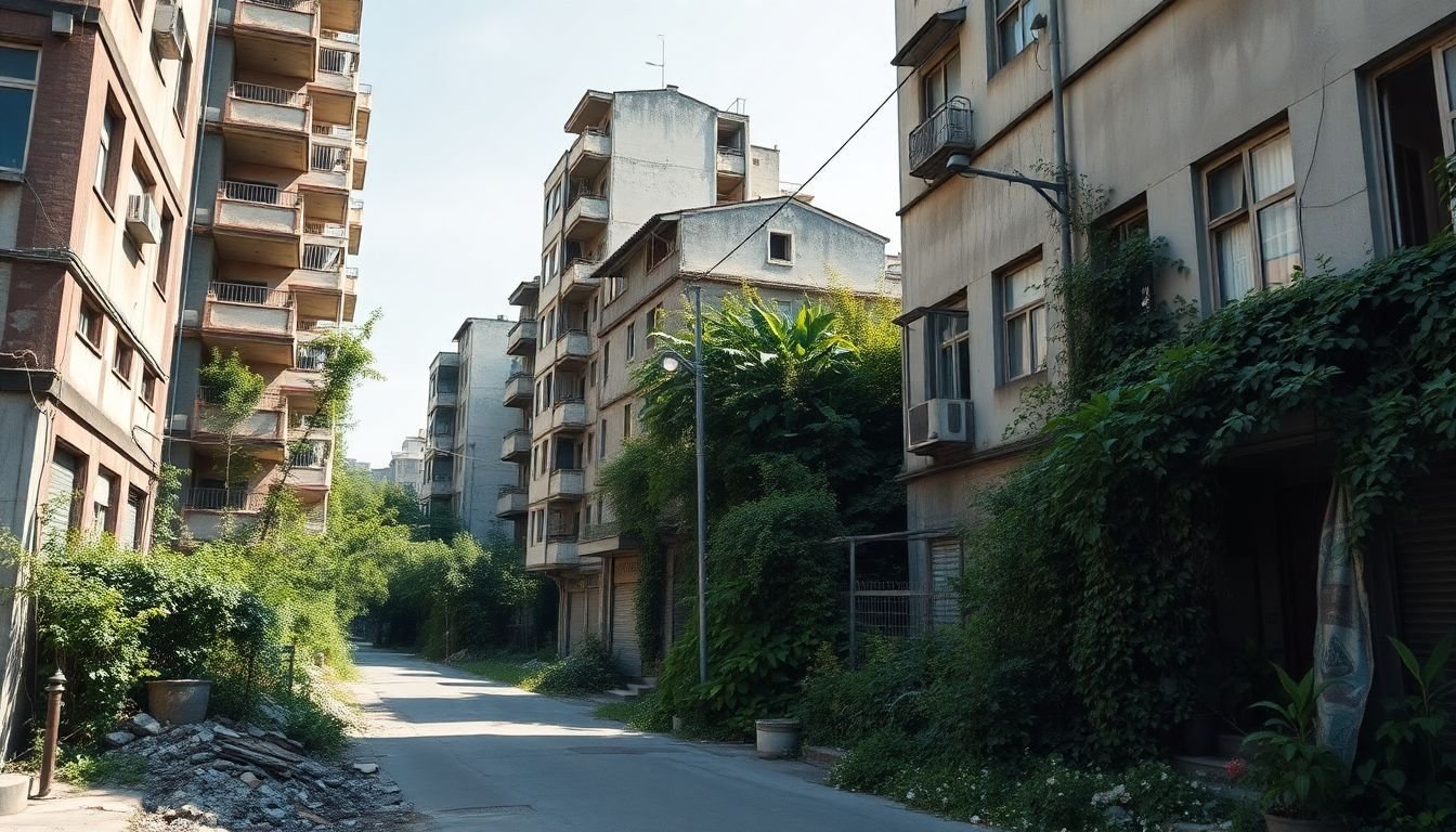 The photo captures a deserted urban street with dilapidated buildings being reclaimed by nature.