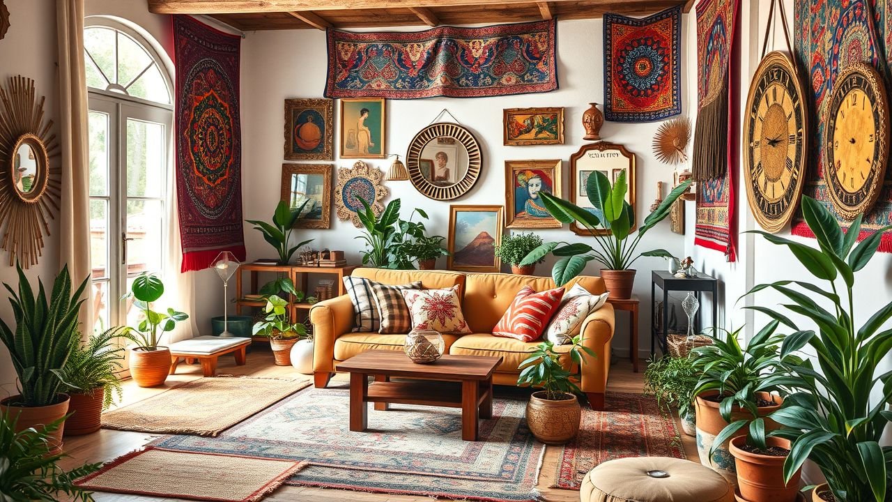 A bohemian-themed living room filled with vibrant tapestries, natural materials, eclectic art, and cozy furniture.