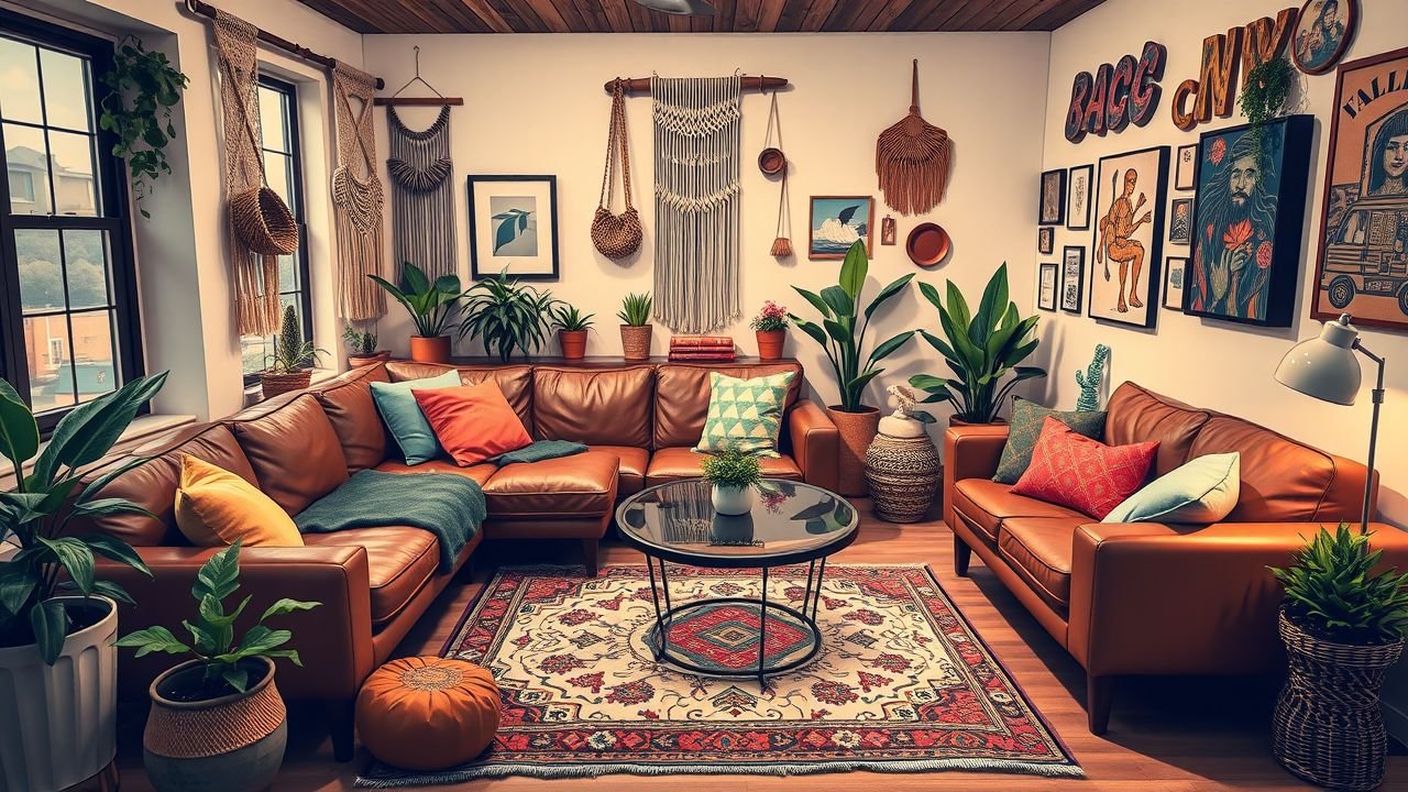 A cozy living room with modern and bohemian decor, featuring a leather sofa, vintage rug, potted plants, and unique artwork.