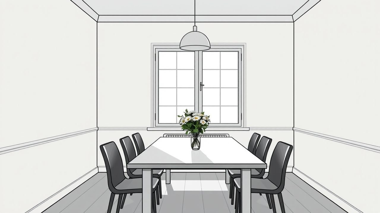 A comic book style image of a simple and elegant dining room with a clean-lined table and fresh flowers as the centerpiece.