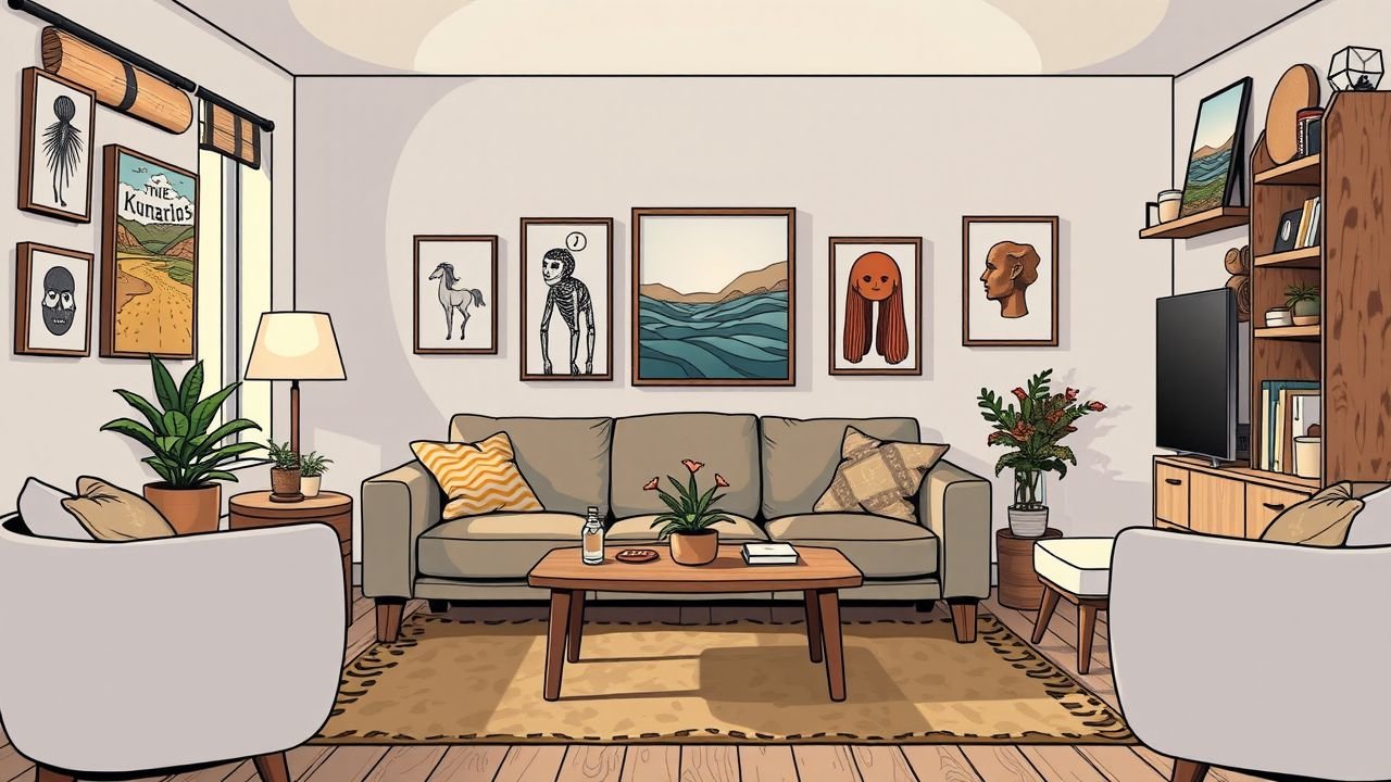 A cozy living room with modern, minimalist, bohemian, and rustic styles, featuring a sleek sofa and eclectic artwork.