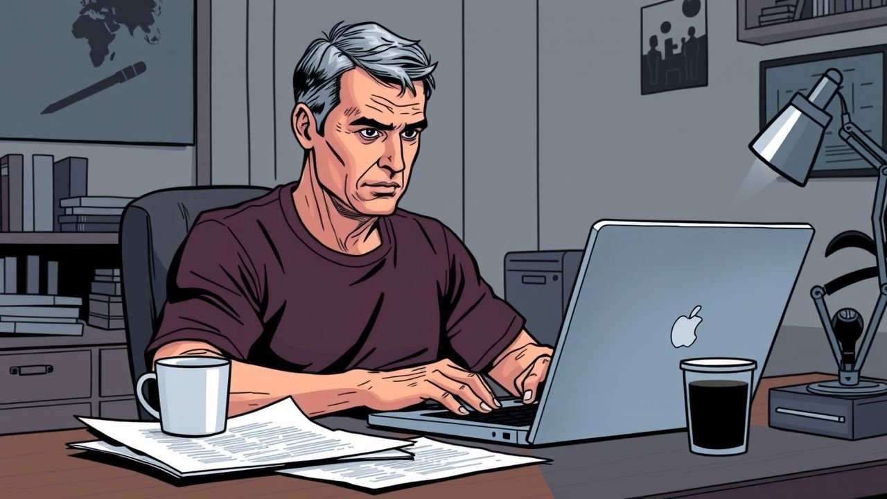 A middle-aged man sits in his home office, focused on his laptop and surrounded by papers.