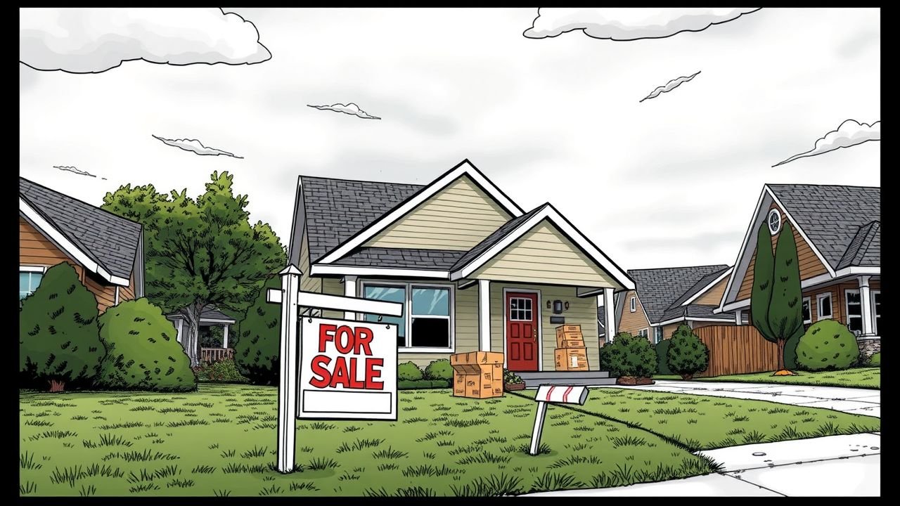 A suburban house with a 'For Sale' sign, moving boxes, and a cloudy sky reflects uncertainty in the housing market.