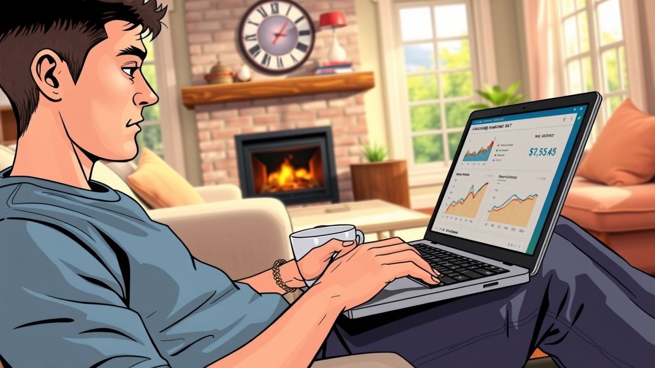 A person is using a laptop to research housing market data in a cozy living room.