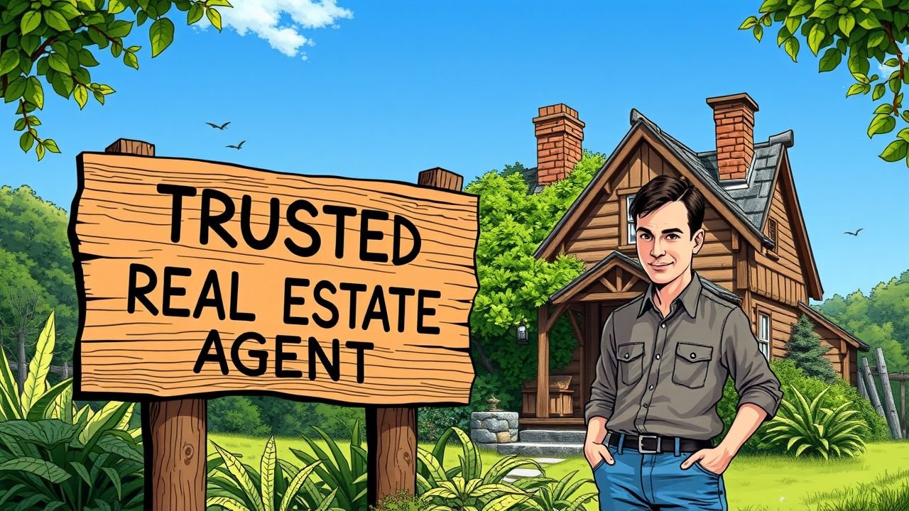 A rustic wooden sign outside a cozy countryside cottage reads 'Trusted Real Estate Agent.'