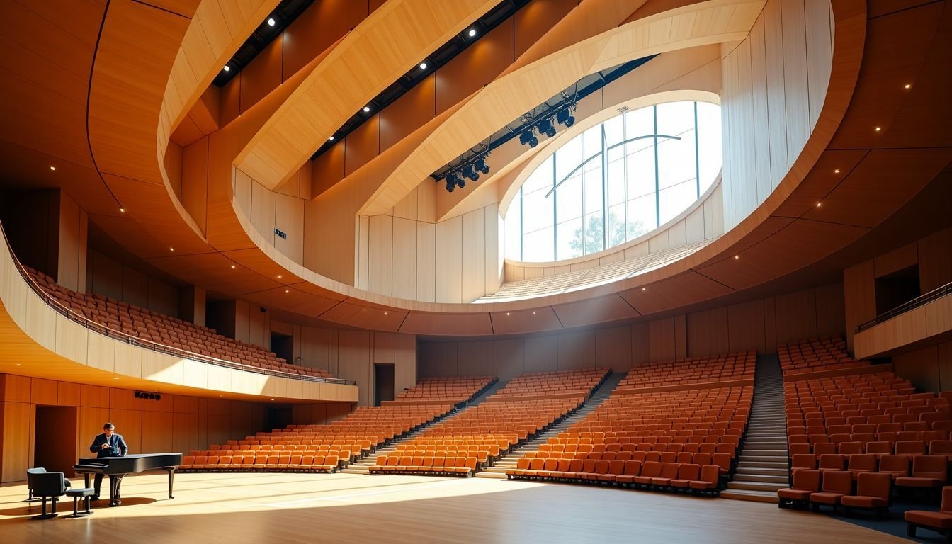 A modern concert hall with sail-shaped acoustic panels designed to enhance sound quality for live performances.