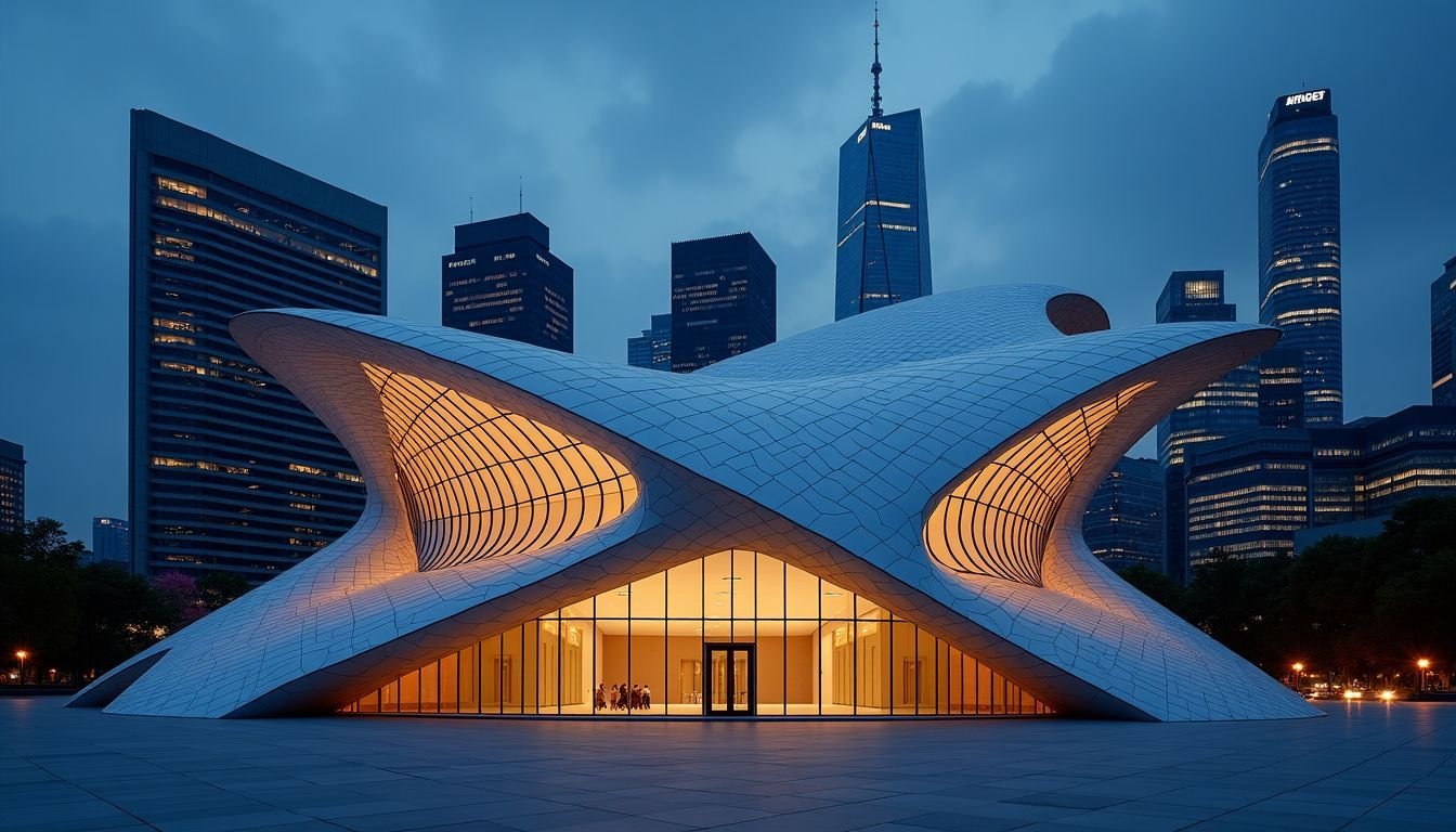 A futuristic architectural design created with CAD software against a city skyline at night.