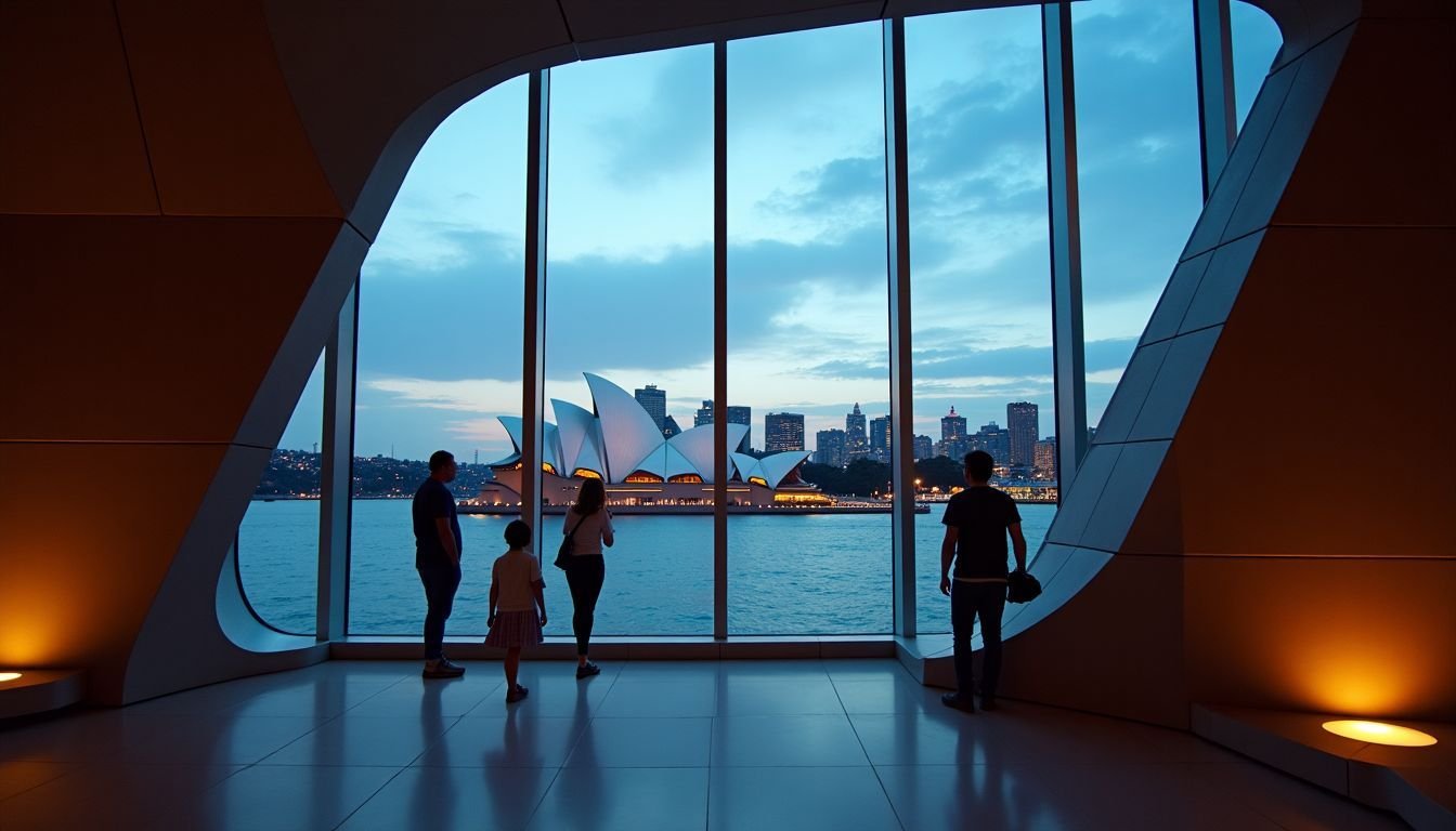 The photo shows the interior of the Sydney Opera House with modern design and a view of the city skyline.